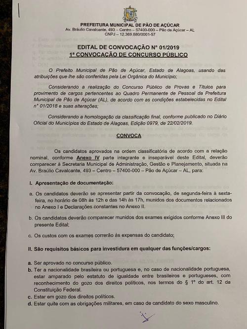 Prefeitura de Pão de Açúcar começa a chamar candidatos aprovados no Concurso ...